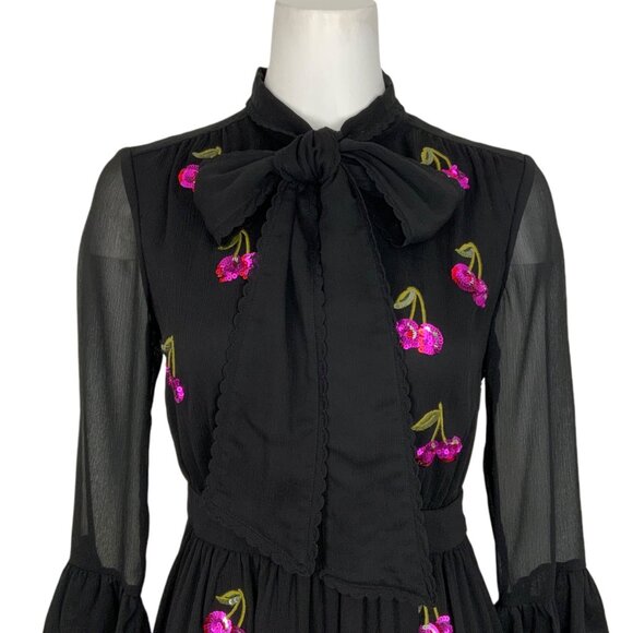 Kate Spade Sequins Cherries Shirtdress 4 Black Mini Bow Tie Neck Ruffle Formal - Picture 6 of 12